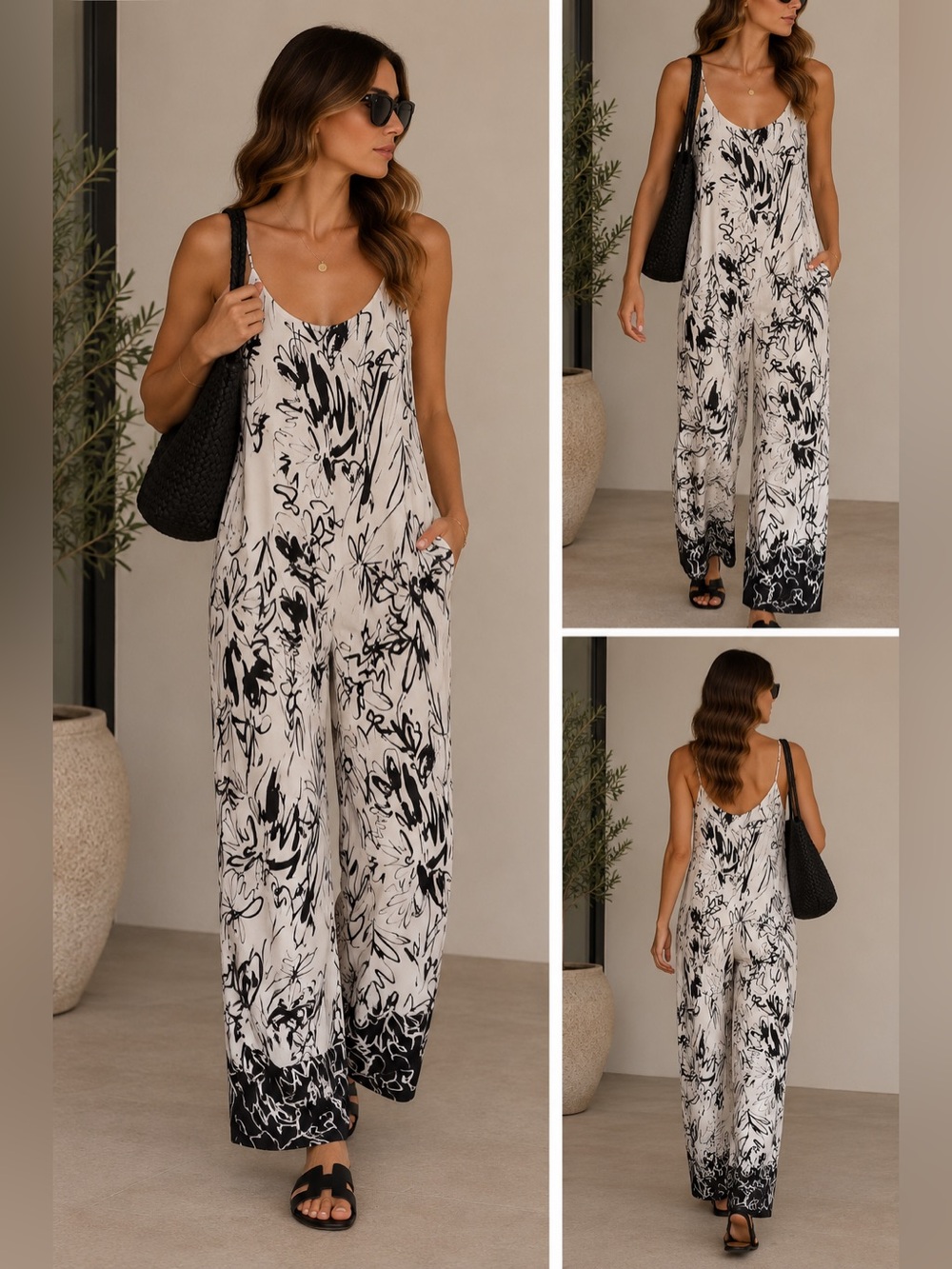French Connection White Jumpsuit with Black Floral Print